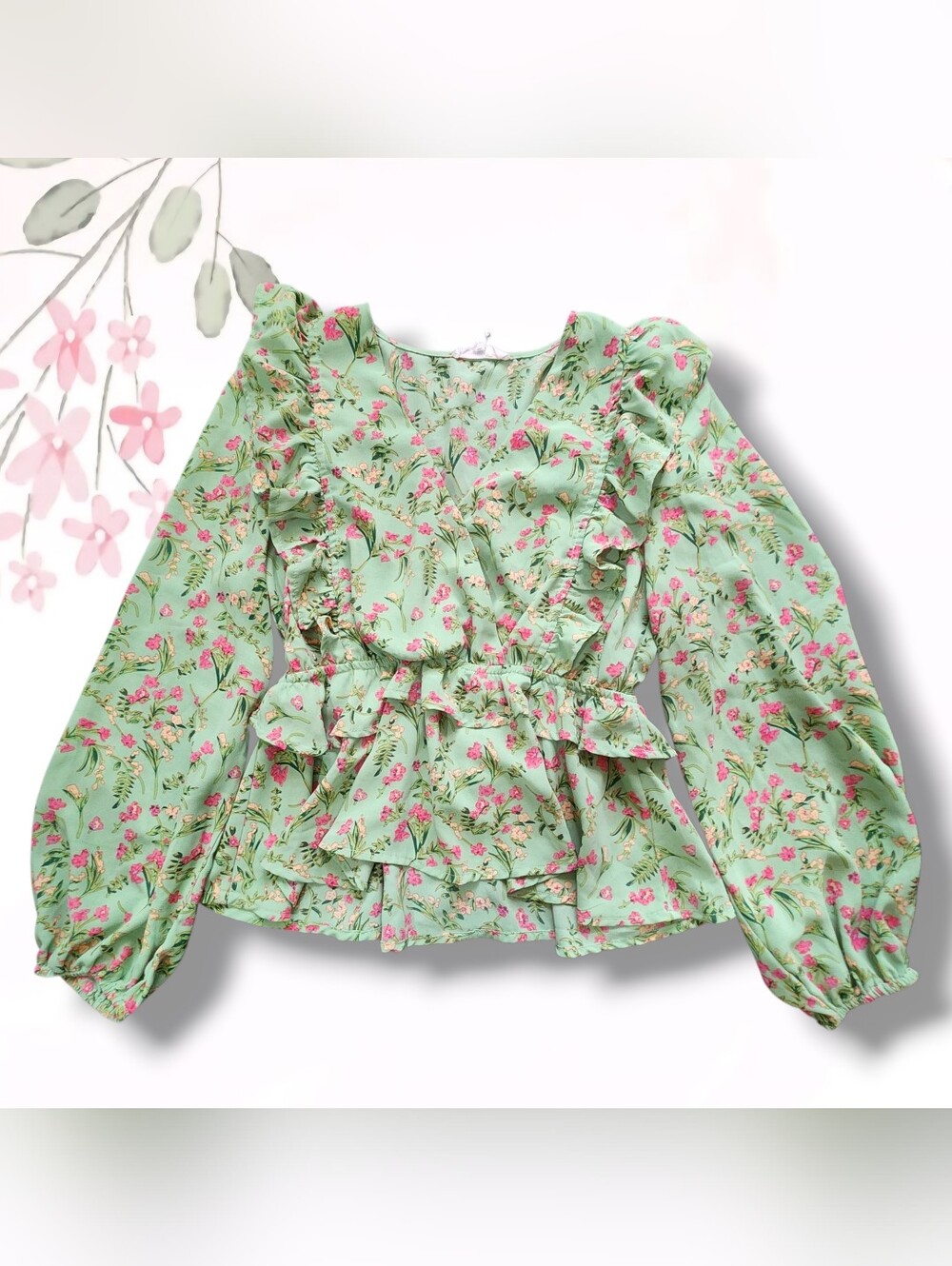 entro Green Floral Ruffle Peplum Top with Pink Blossoms